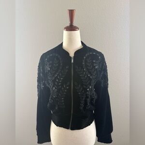 Zara Black Velvet Bomber Jacket with Floral Embroidery